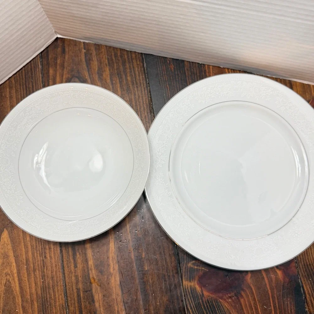 Nagoya Shokai Fine China Serving Plate and Bowl Set White Floral Platinum Trim
